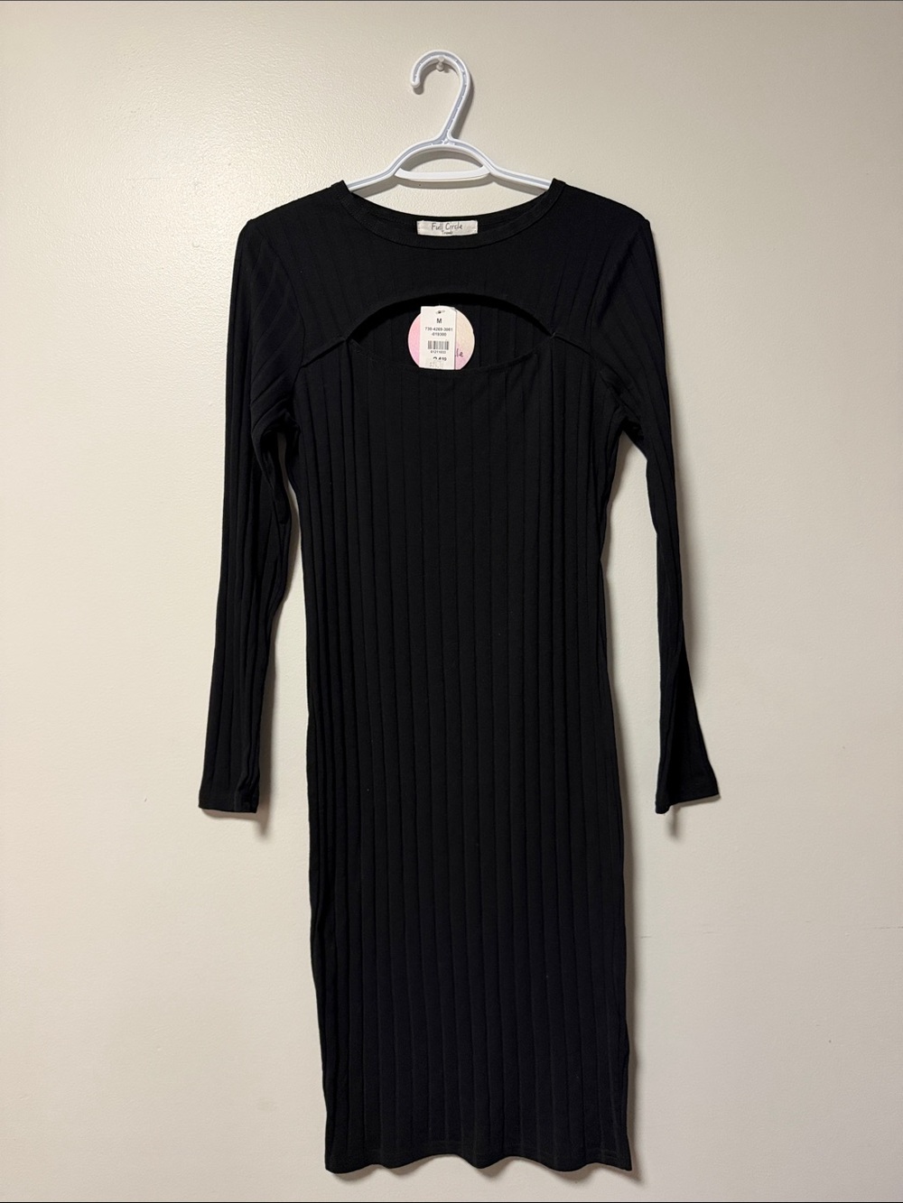 Ribbed Long-Sleeve Black Midi Dress with Cutout